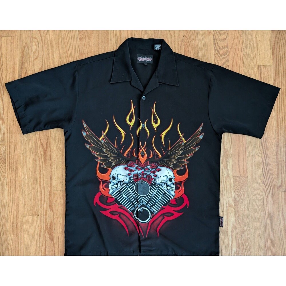 VTG Sapphire Lounge Men Large Shirt Guy Fieri Biker Skull Wing Flames Motorcycle